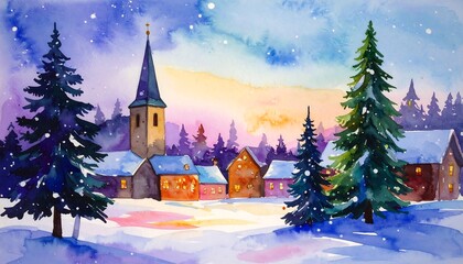 Watercolor painting of a snowy village at twilight