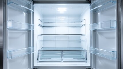 Clean, Empty Refrigerator Interior with Glass Shelves and Door Bins, Ready for Stocking, Food Storage