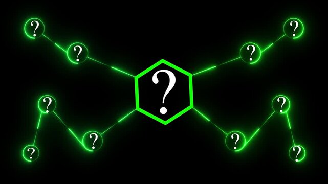 Neon Question Mark Network Diagram on Black Background with Central Hexagon image photo Futuristic Neon Question Mark Network Black Background Central Hexagon
