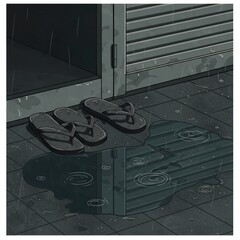 A serene illustration of flip-flops resting by a doorway on a rainy day, their reflection captured in a puddle on the wet tiles