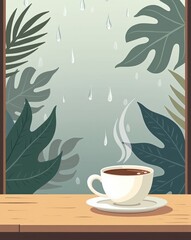 Cozy illustration of a hot coffee cup by the window on a rainy day, surrounded by lush green plants