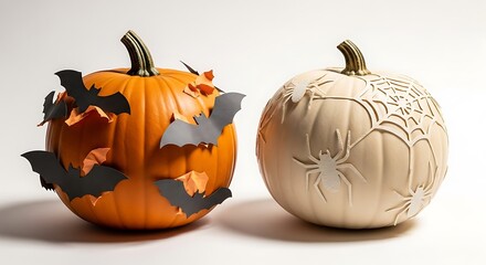 Orange and white pumpkin decorated with paper bats and embossed spider web on white background