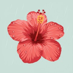 Vibrant red hibiscus flower with shimmering water droplets from a gentle rain shower, symbolizing tropical beauty and freshness