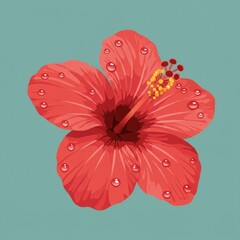 Beautifully illustrated red tropical hibiscus flower covered in fresh water droplets, a vibrant icon of exotic nature and botanical art