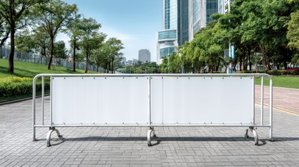 Urban Barrier Mockup Featuring a Blank White Sign in a City Park Environment for Advertising