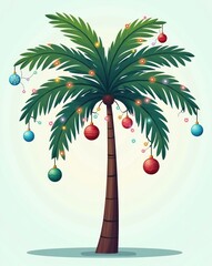 A tropical Christmas tree adorned with festive lights and ornaments, celebrating the holidays in a warm, sunny climate with a touch of exotic flair