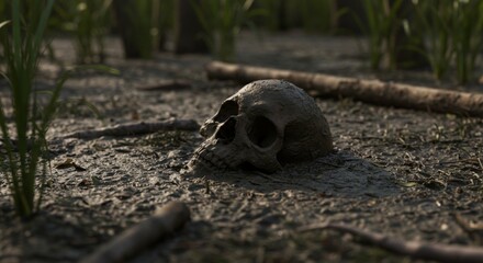 Obraz premium Old human skull half buried in muddy ground