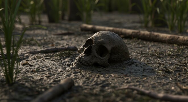 Old human skull half buried in muddy ground