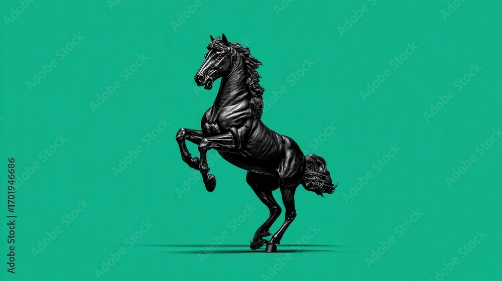 Poster a black horse sculpture in a rearing pose against a teal background. the image features a minimalist