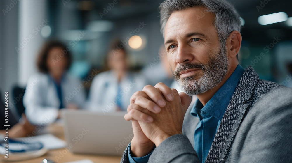 Poster a middle aged man clasps his hands thoughtfully discussing medical documents with a diverse group of