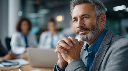 A middle aged man clasps his hands thoughtfully discussing medical documents with a diverse group of doctors a laptop open to patient records a stethoscope resting on the table
