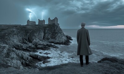 Person in long coat watching lightning strike ancient castle on rocky cliff by sea at dusk