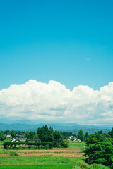夏の青空と田んぼ　田舎の風景　入道雲