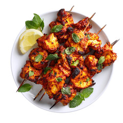 Chicken tikka on a white plate on transpart background