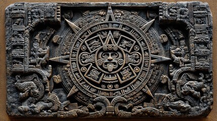 Close up of a detailed bronze relief depicting a Mayan calendar, intricate carvings, and symbolic figures. Dark tones, textured surface.