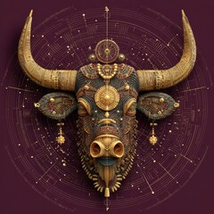 Digital art depicting an ornate bull's head with gold and jewel toned accents against a deep purple backdrop. Intricate details and geometric patterns are featured.