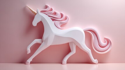 Low poly rendering of a white unicorn with pink mane and tail against a light pink background. Simple, clean design.