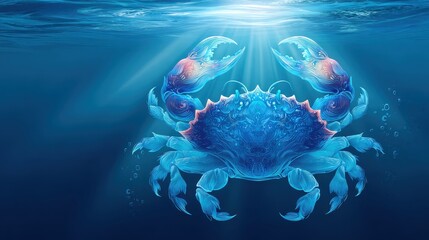 Digital art depicting a blue crab in a pixelated style, underwater with sunlight beams.