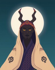 Mystical horned deity with glowing eyes standing before a full moon halo, a powerful fantasy character illustration