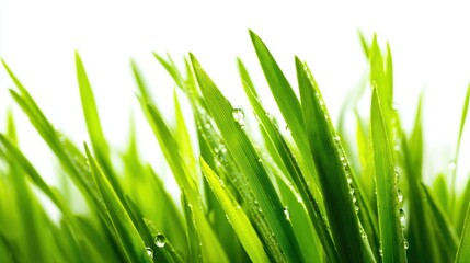 Fototapeta premium Fresh green grass blades with water droplets glistening in the sunlight, close-up, nature background