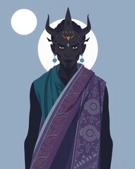 A serene digital portrait of a regal horned fantasy being with golden eyes and ornate purple drapery