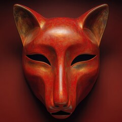 Close up view of a handcrafted fox mask, predominantly red and gold, set against a deep red backdrop. The mask features intricate details and a stylized design.