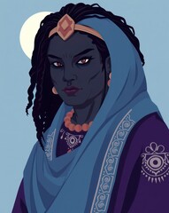 Portrait of a regal woman with dark skin and dreadlocks, an illustration depicting pride, power, and cultural beauty