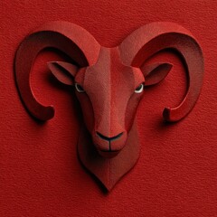 Close up of a meticulously crafted red ram's head against a textured red background. Intricate details and three dimensional quality.