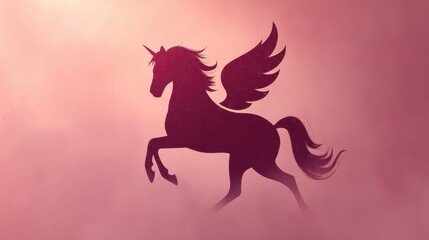 A dark silhouette of a winged unicorn prances across a soft pink background, creating a magical and ethereal atmosphere.