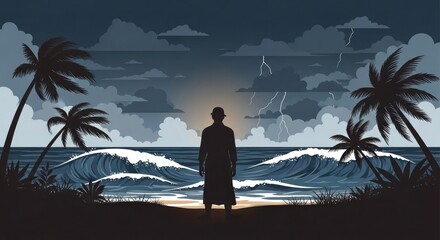 Solitary figure watching a powerful ocean storm from a tropical beach, with dramatic lightning illuminating the dark sky