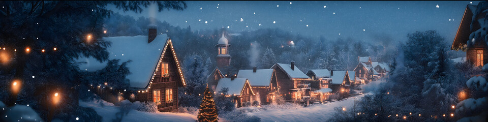 Bild eines verschneiten Dorfes in der D&auml;mmerung mit leuchtenden Weihnachtslichtern zwischen den H&auml;usern, Rauch aus den Schornsteinen und sanft fallendem Schnee unter tiefblauem Himmel &ndash; winterliche Id