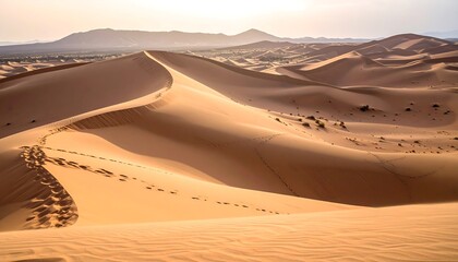 Desert landscape with sand dunes and mountains under sunlight.