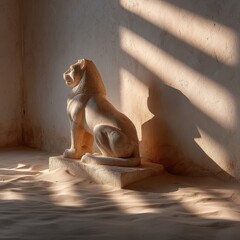 A sand colored stone lion statue sits on a pedestal in a sunlit room, casting shadows on the wall. Warm lighting and sandy texture.