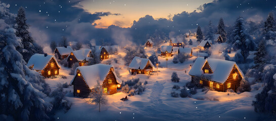 Bild eines verschneiten Dorfes in der D&auml;mmerung mit leuchtenden Weihnachtslichtern zwischen den H&auml;usern, Rauch aus den Schornsteinen und sanft fallendem Schnee unter tiefblauem Himmel &ndash; winterliche Id