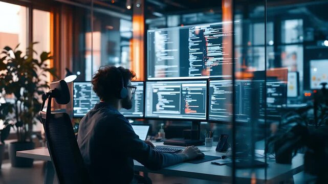 Decoding the Code: A software engineer is immersed in a modern, high-tech office environment, diligently working on multiple screens filled with complex code and data.