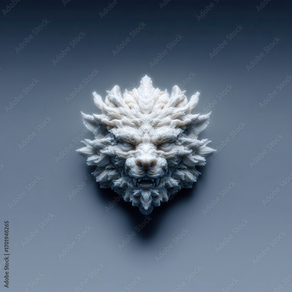 Poster abstract digital art depicting a lion's head, rendered in a low poly style with a monochromatic colo