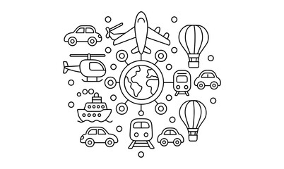 Intricate transportation mandala coloring design featuring cars, trains, planes, and balloons for creative art projects