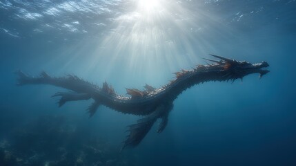 Underwater photo of a dark, dragon like sculpture in deep blue water, sun rays breaking through the surface.