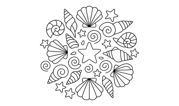 Intricate seashell mandala design featuring oceanic elements for relaxation and creativity