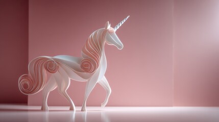 Low poly white unicorn with a pink mane stands in a minimalist pink studio setting. Soft lighting and clean lines.