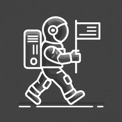 White line art illustration of an astronaut walking on a dark gray background, carrying a flag and a computer backpack.