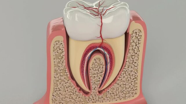 Detailed anatomical cross section of human tooth showing enamel dentin pulp cavity and root nerves, educational medical illustration used for dentistry explanation, oral health structure model and pro
