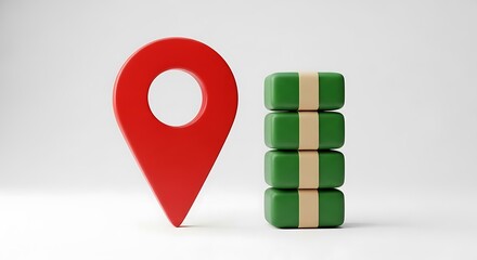 Red location pin icon next to stacked green money bundles on white background