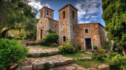 Fototapeta premium Ancient Stone Church with Twin Bell Towers Amidst Lush Greenery and a Cloudy Sky