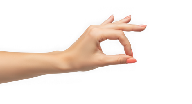 Pinch gesture hand holding something small isolated on transparent background