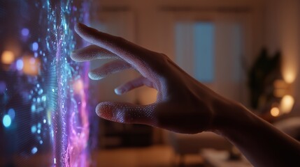Human hand interacting with a holographic digital interface in a modern indoor space