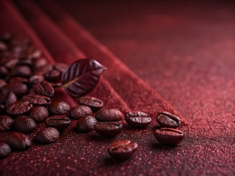 Closeup of roasted coffee beans on a textured surface
