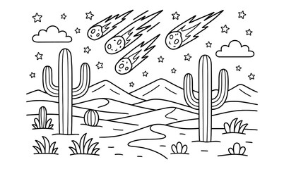 Desert meteor shower coloring page with cacti for relaxation and creativity