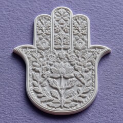 Close up view of an ornate white hamsa hand with embossed floral details against a soft purple background.