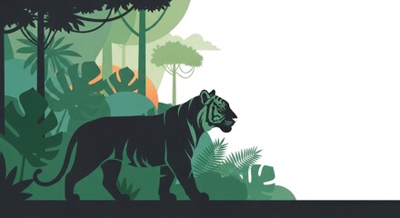 A stylized vector illustration of a powerful tiger walking through a lush, green tropical jungle. Flat design of wild animal in its natural habitat with copy space for text